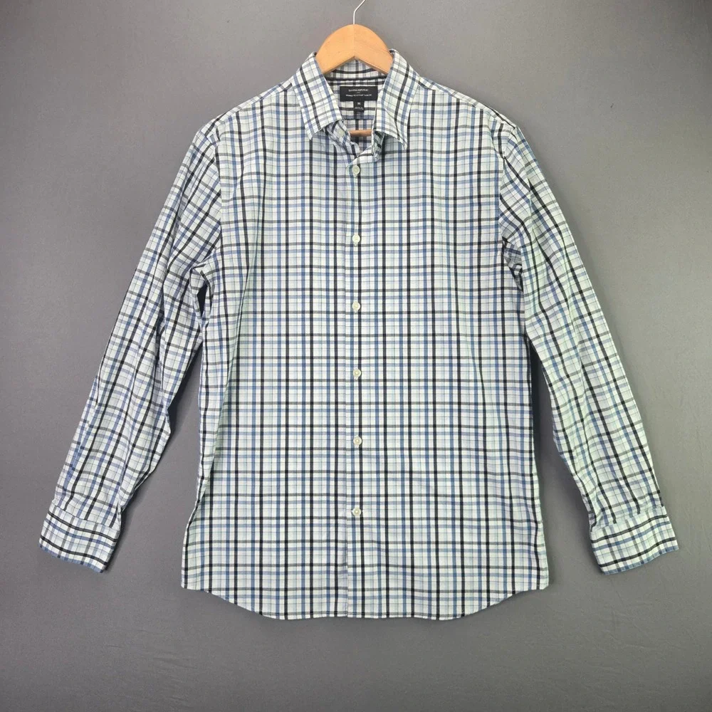 Banana Republic Shirt Mens M Blue Plaid Slim Fit Wrinkle Resistant Button Up LS